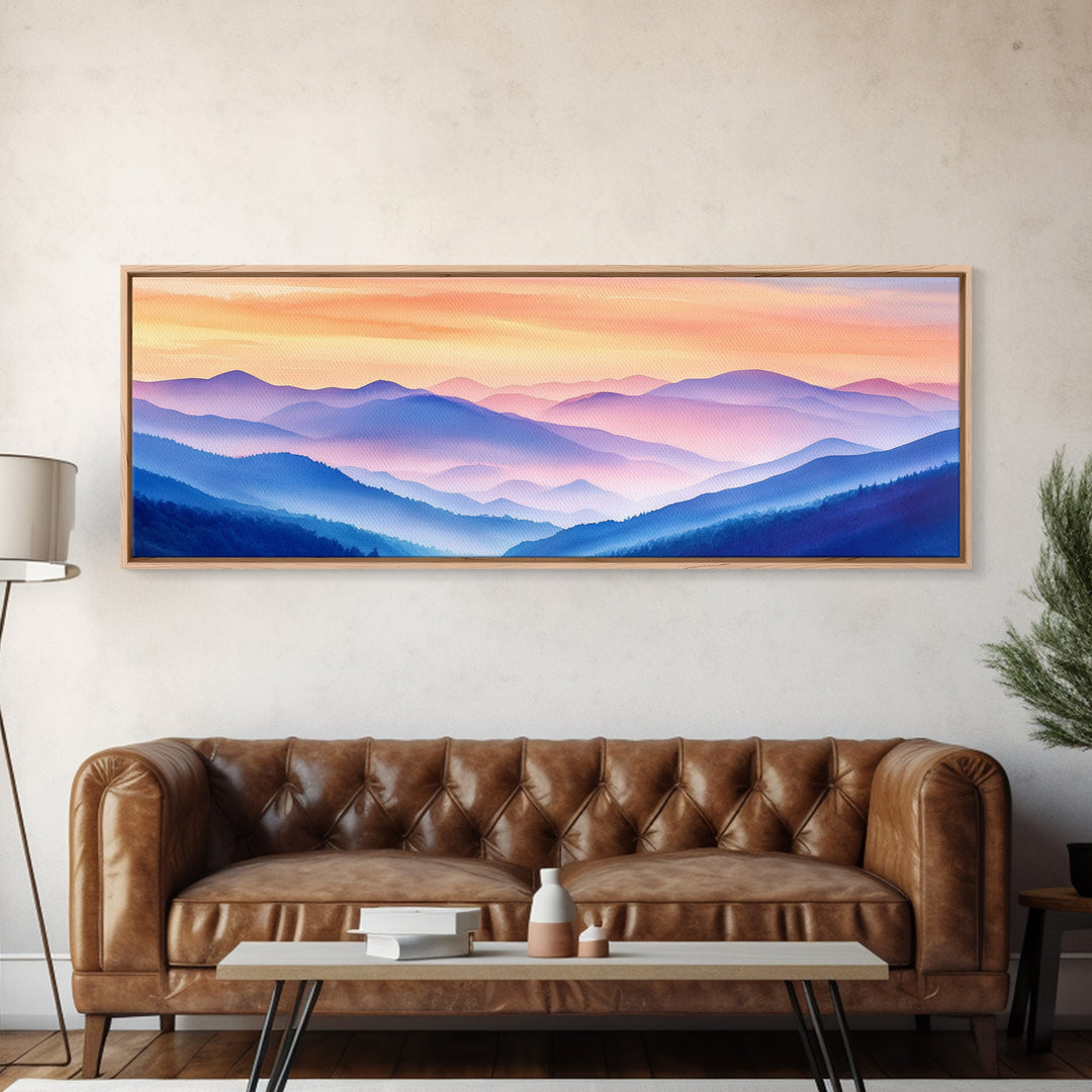 Smoky Mountain Landscape Canvas Print, Blue Ridge Mountains Painting, Panoramic Wall Art, Mountain Cabin Wall Art Home Decor