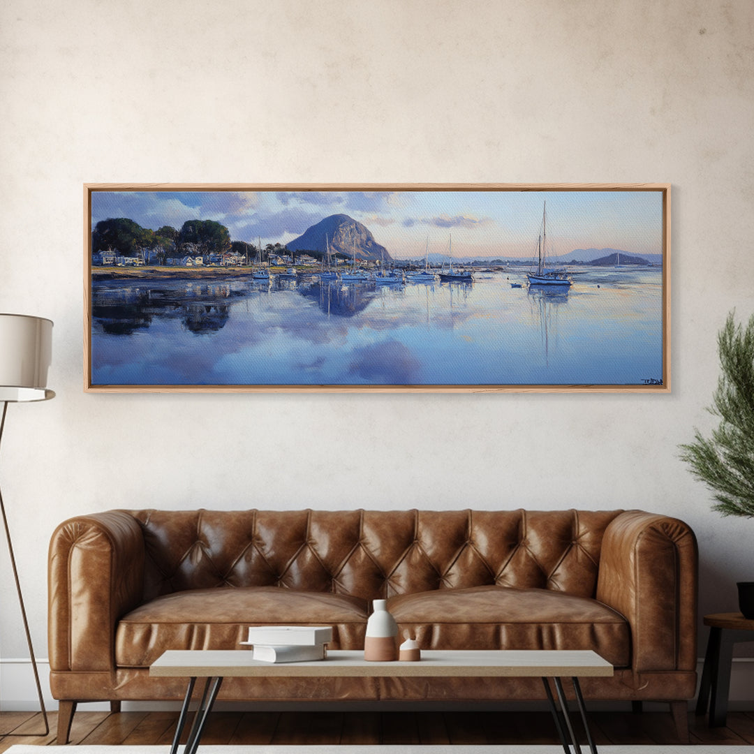 Panoramic Painting Print of Morro Bay California, Painting Morro Bay Framed Canvas Print, California Wall Art, Nautical Seascape Landscape Painting