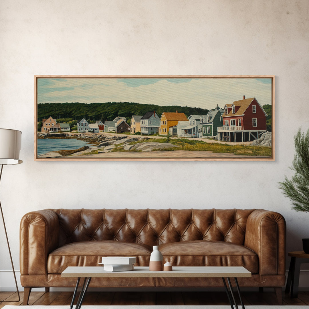 Panoramic Painting Print of Maine, Maine Wall Art, Beautiful Panoramic Seacape Painting, Nautical Landscape Painting