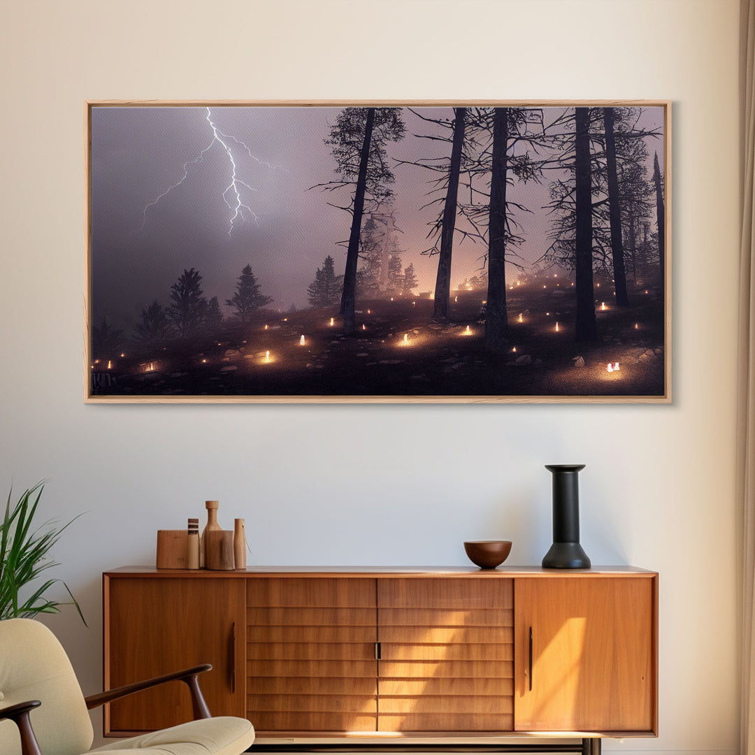 Haunted Gloomy Graveyard At Night, Thunder Storm, Halloween Cemetery Art, ready to hang canvas print wall art, Lightning Art
