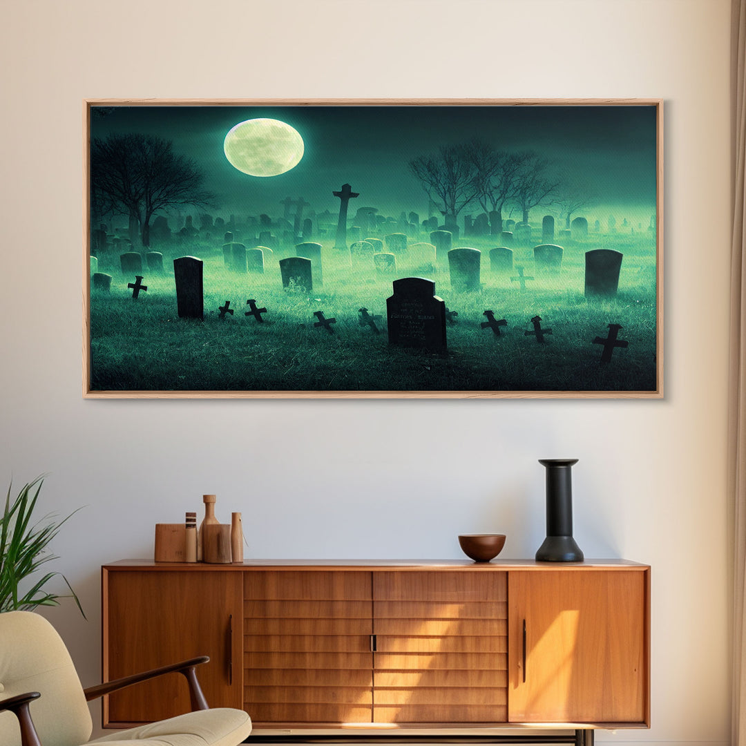 Halloween Cemetery At Night, Full Moon, Spooky Creepy Graveyard, ready to hang canvas print wall art