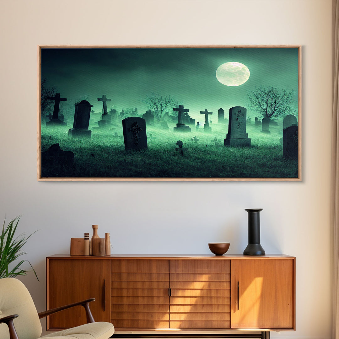 Full Moon Over A Haunted Cemetery At Night, Spooky Creepy Graveyard, ready to hang canvas print wall art, Halloween Art
