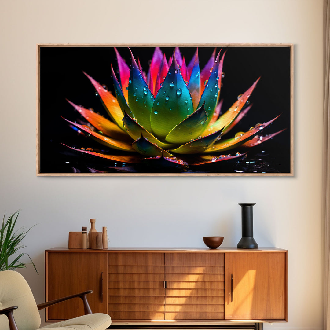 Rainbow Agave With Dew Drops, Modern Art, Framed Canvas Print, Surreal Art, Southwestern Decor, Farmhouse Art, Desert Themed Art