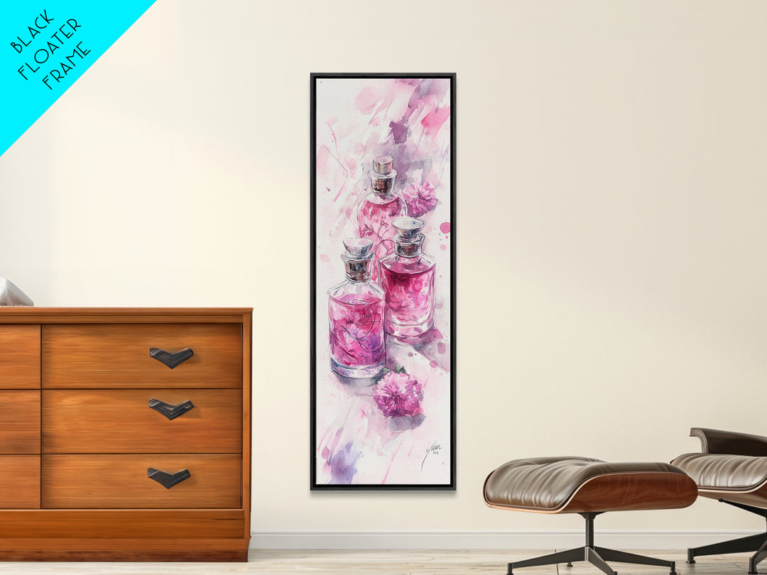 Perfume Bottles Canvas Print - Elegant Pink Abstract Art, Feminine Glass Bottles Artwork, Gift Idea for Her, Bedroom Wall Decor