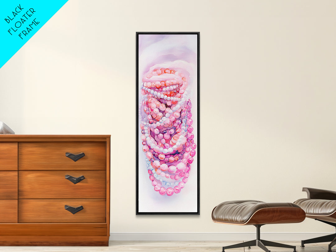 Pastel Beads Canvas Print - Whimsical Tall Narrow Art, Pink Pearl Inspired Jewelry Painting, Vertical Art for Boho Bedroom