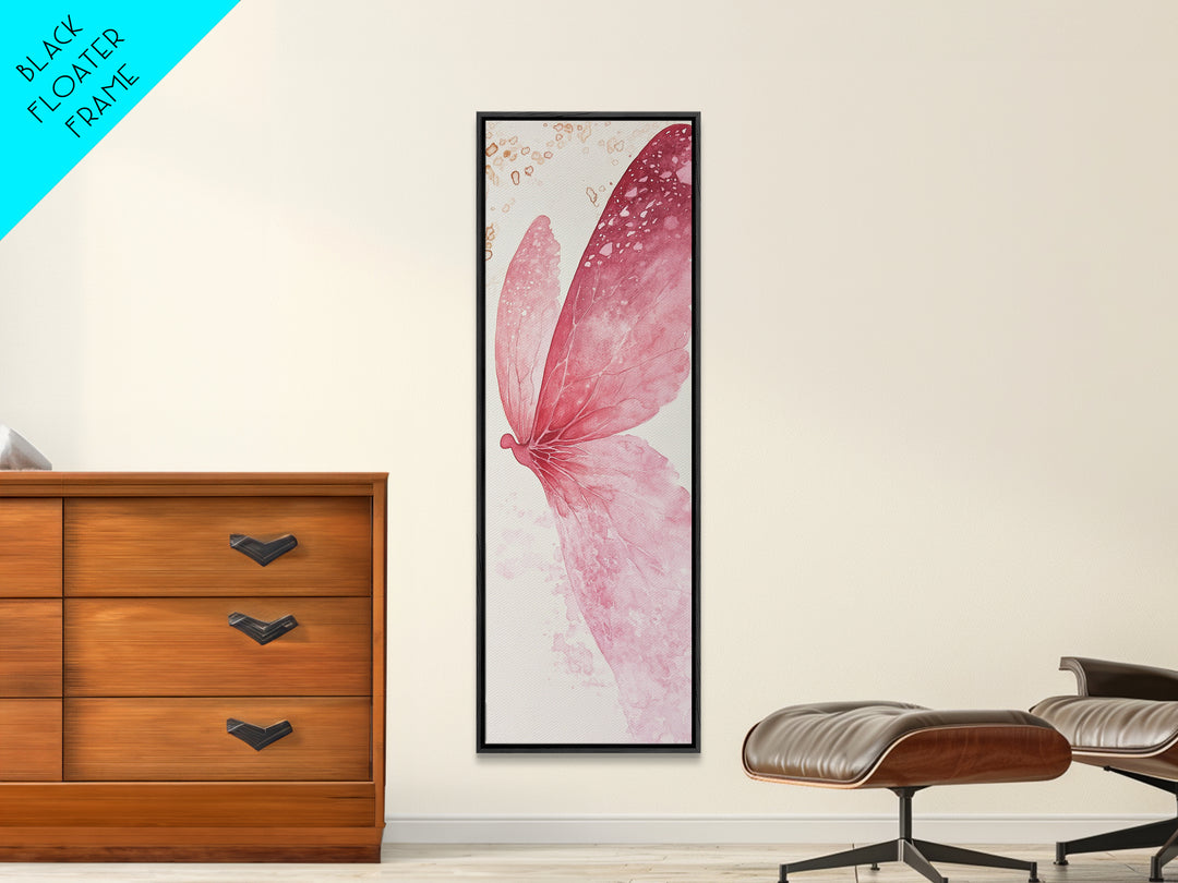 Pink Butterfly Whimsical Art Framed Canvas Print, Cherry Blossom Painting with Light Pink Abstract Style, Minimalist Vertical Wall Art