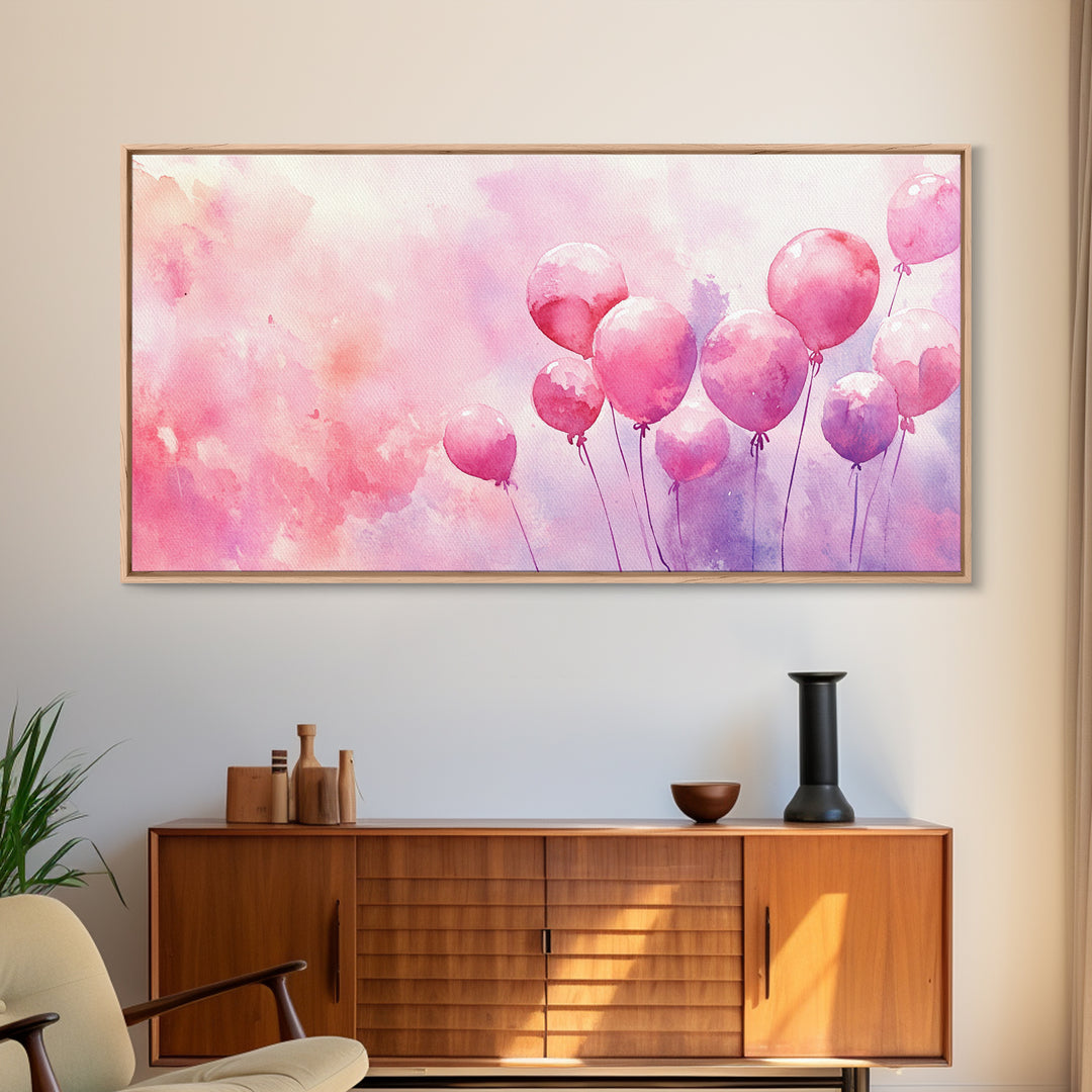 Pink Balloons Painting Framed Canvas Print, Whimsical Art Light Pink Wall Decor, Extra Wide Horizontal Wall Art Rustic Art Gift