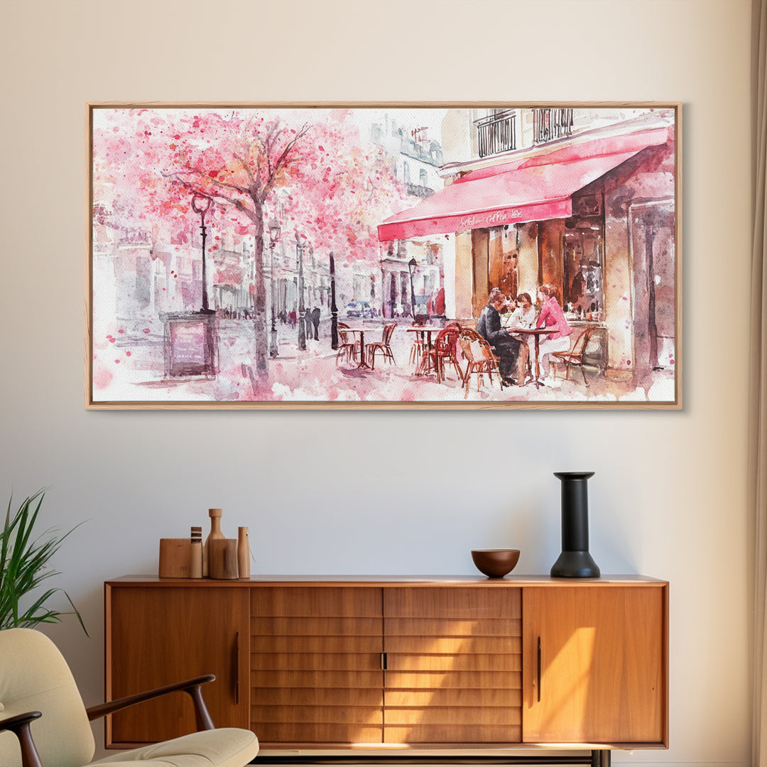 Parisian Café Scene Framed Canvas Print, Cherry Blossom Painting, European Street Art, Romantic Wall Art, Living Room Decor