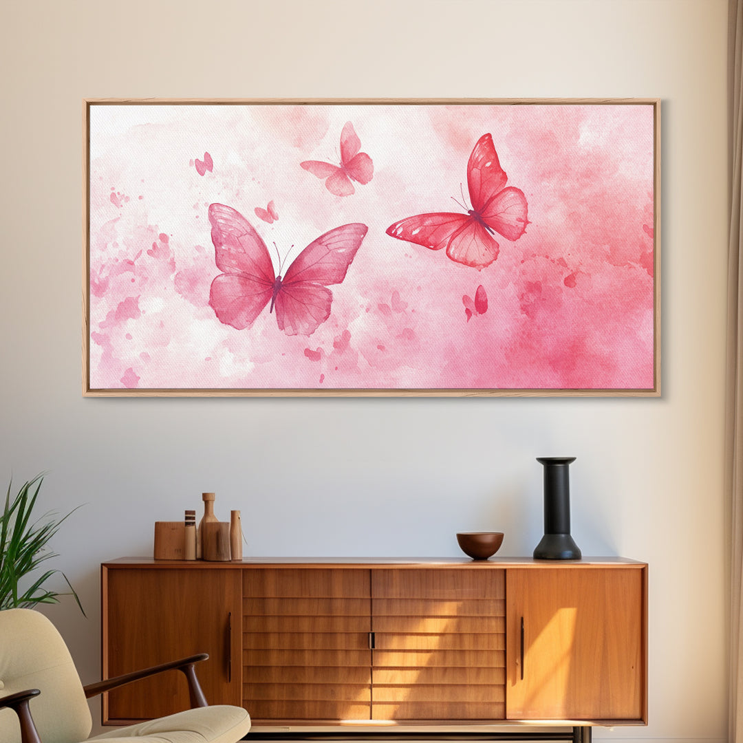 Pink Butterflies Canvas Print, Whimsical Art, Light Pink Wall Art, Feminine and Romantic Decor, Bedroom or Living Room Gift Idea