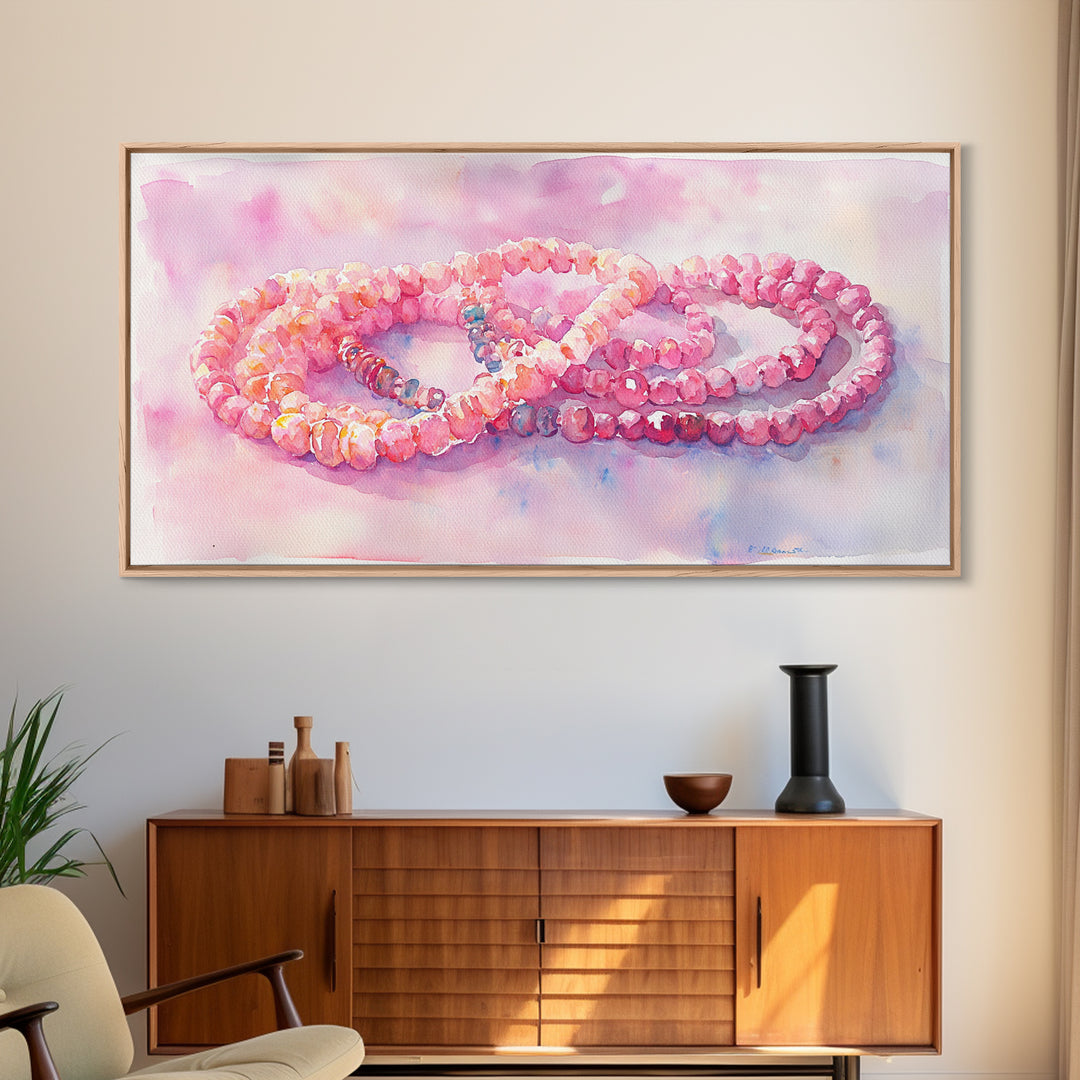 Pink Beaded Necklace Canvas Print | Romantic Jewelry Wall Art | Feminine Framed Canvas Print | Gift Idea for Her | Light Pink Decor