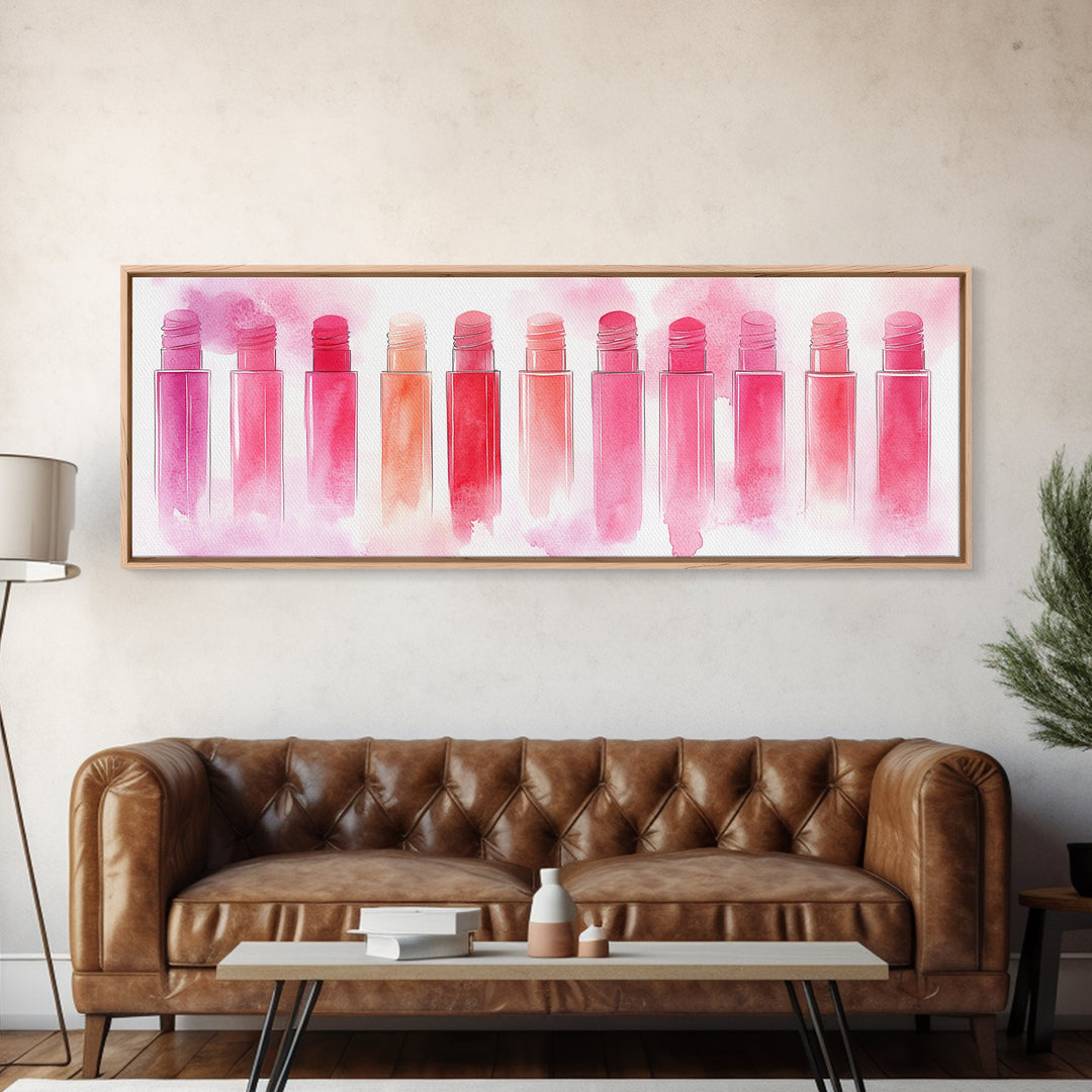 Pink Abstract Art Framed Canvas Print Featuring Lip Gloss Collection, Feminine Living Room Artwork, Boho Dorm Decor Gift Idea