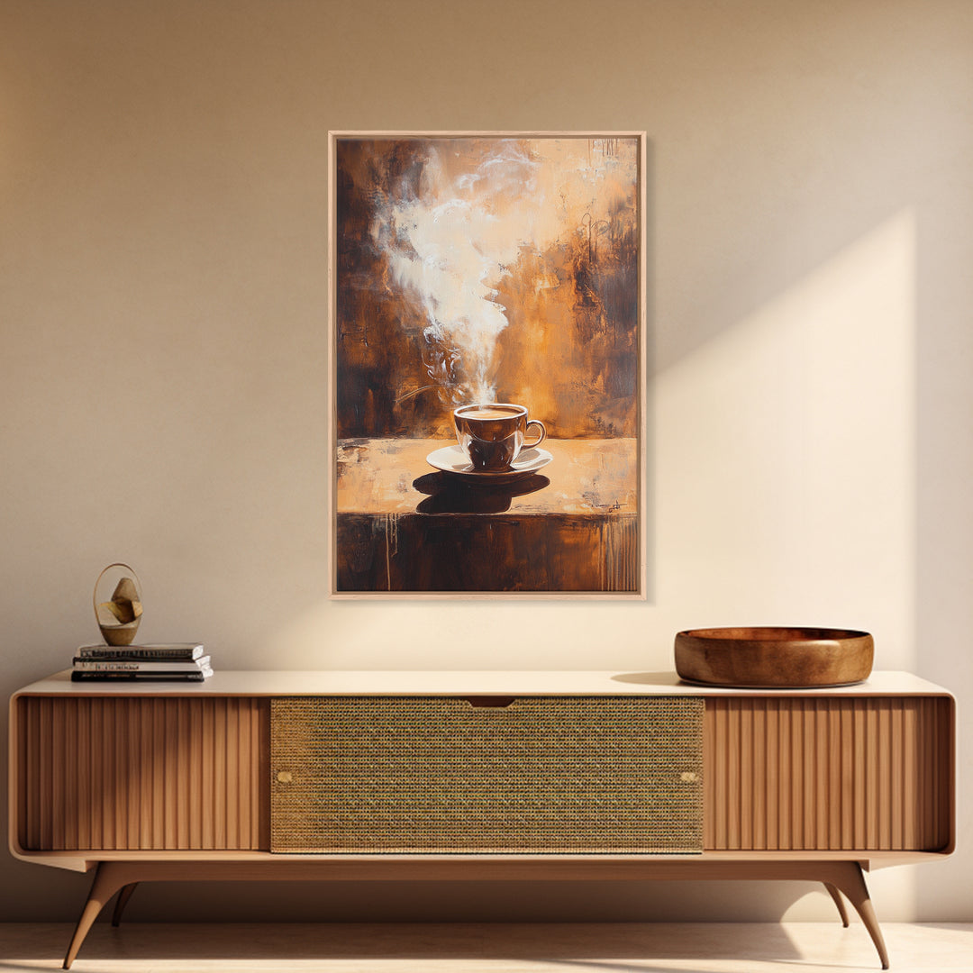 Rustic Steaming Coffee Framed Canvas Print | Warm Coffee Wall Art | Cozy Kitchen Art | Espresso Painting | Coffee Lover Gift Idea