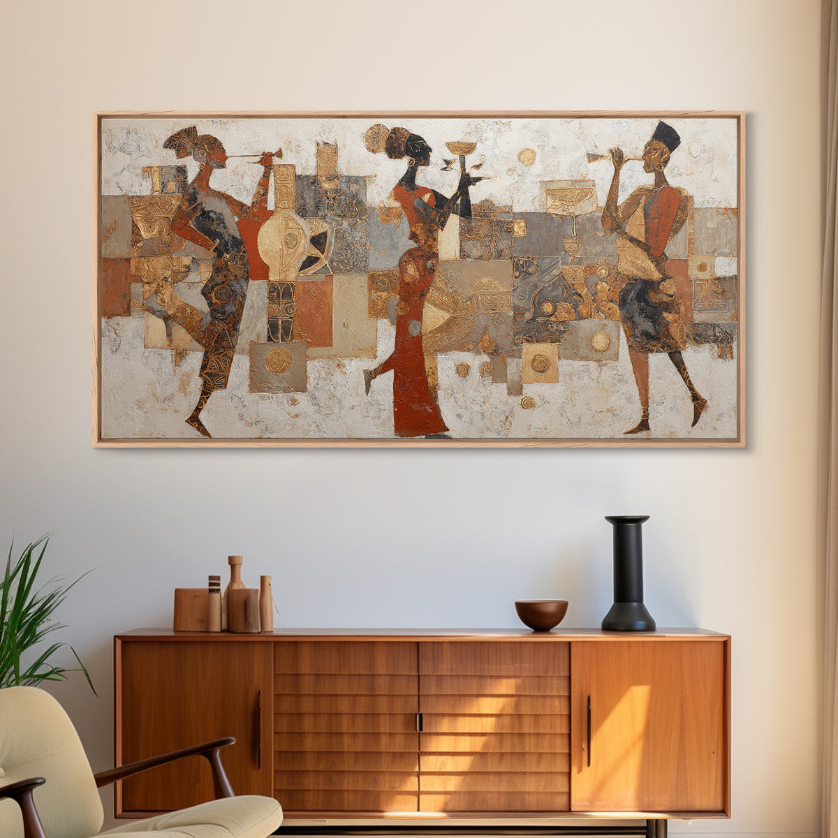Afro Bohemian Neutral Abstract Framed Canvas Print, African Inspired Art, Digital Wall Art, Living Room Decor, Abstract Art, AIA-2x1-56
