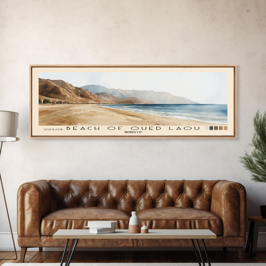 Beach of Oued Laou, Morocco Watercolor Print, Vacation Gift, Morocco Wall Art, Beach Painting, Beach Decor, Large Wall Art, Wood Frame Art
