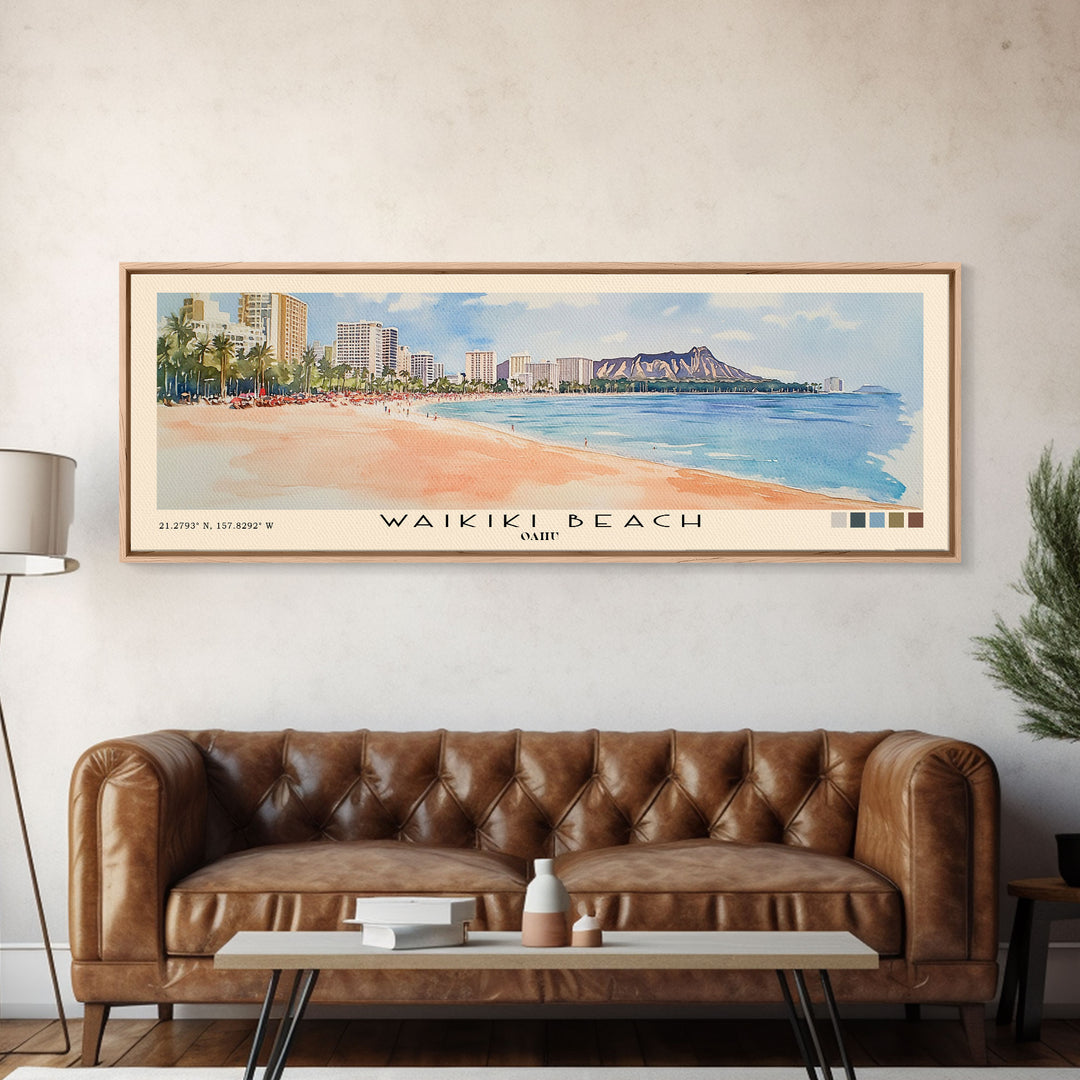 Waikiki Beach, Oahu Watercolor Print, Vacation Gift, Oahu Wall Art, Beach Painting, Beach Decor, Beach Or Lakehouse Art