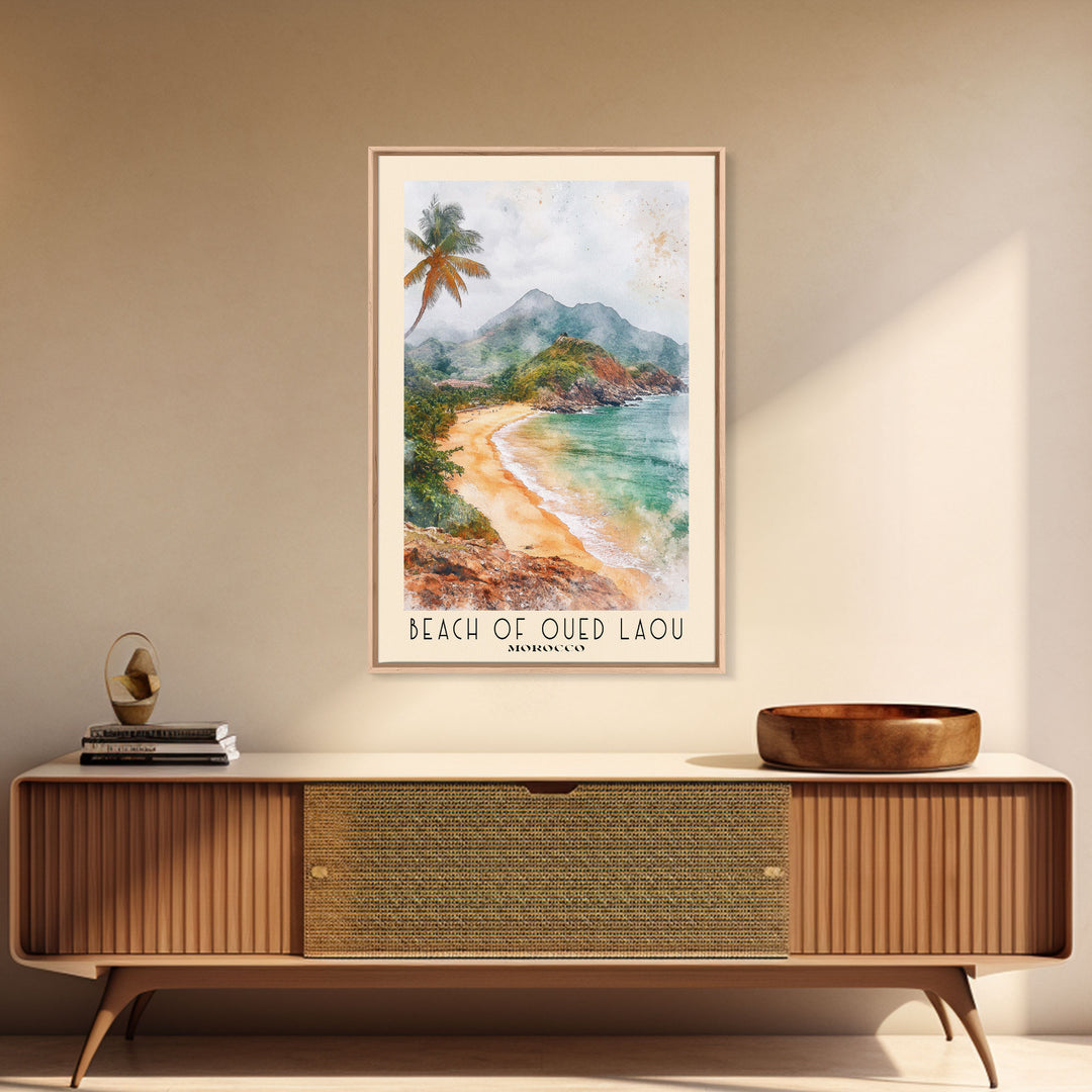 Beach of Oued Laou, Morocco Watercolor Print, Vacation Gift, Morocco Wall Art, Beach Painting, Beach Decor, Large Wall Art, Wood Frame Art