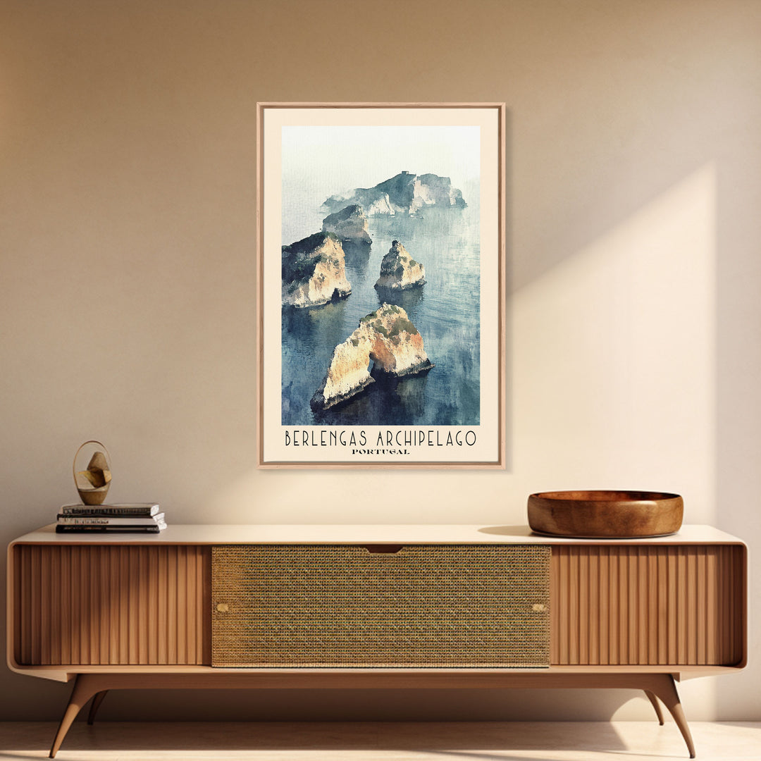Berlengas Archipelago, Portugal Watercolor Print, Vacation Gift, Portugal Wall Art, Beach Painting, Beach Decor, Large Wall Art, Wood Frame Art