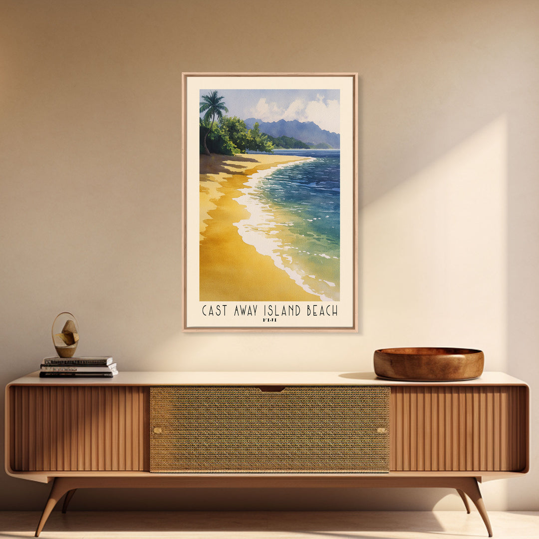 Cast Away Island Beach, Fiji Watercolor Print, Vacation Gift, Fiji Wall Art, Beach Painting, Beach Decor, Large Wall Art, Wood Frame Art