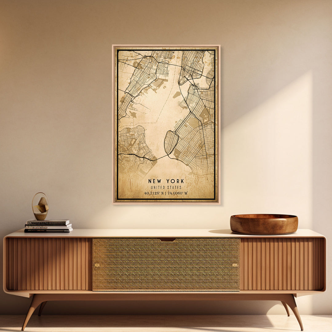 Old New York City Map Wall Art Canvas Print, Vintage Style New York City Map, Framed Wall Art, Cool NYC New York Wall Art, Office Decor