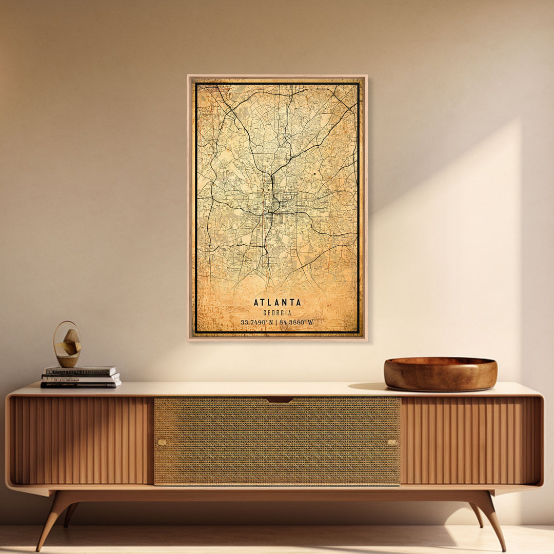 Old Atlanta City Map Wall Art Canvas Print, Vintage Style Atlanta Map, Framed Wall Art, Cool Atlanta Georgia Wall Art, Office Decor