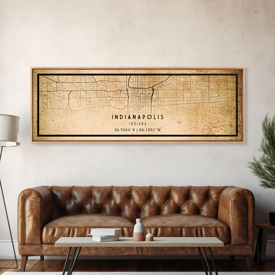 Panoramic Old Indianapolis City Map Wall Art Canvas Print, Vintage Style Map, Framed Wall Art, Cool Indiana Wall Art, Office Decor