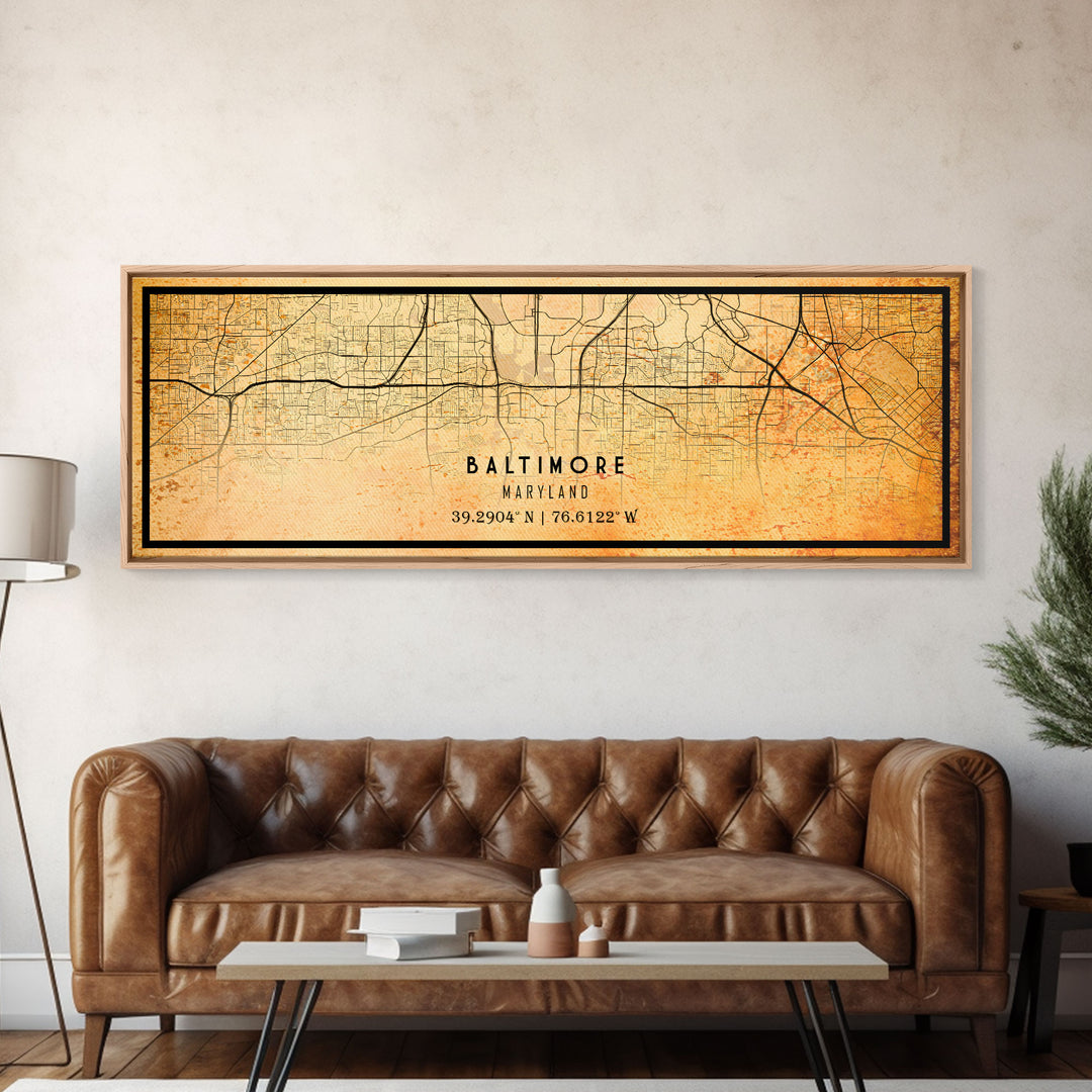 Panoramic Old Baltimore City Map Wall Art Canvas Print, Vintage Style Baltimore Map, Framed Wall Art, Cool Maryland Wall Art, Office Decor