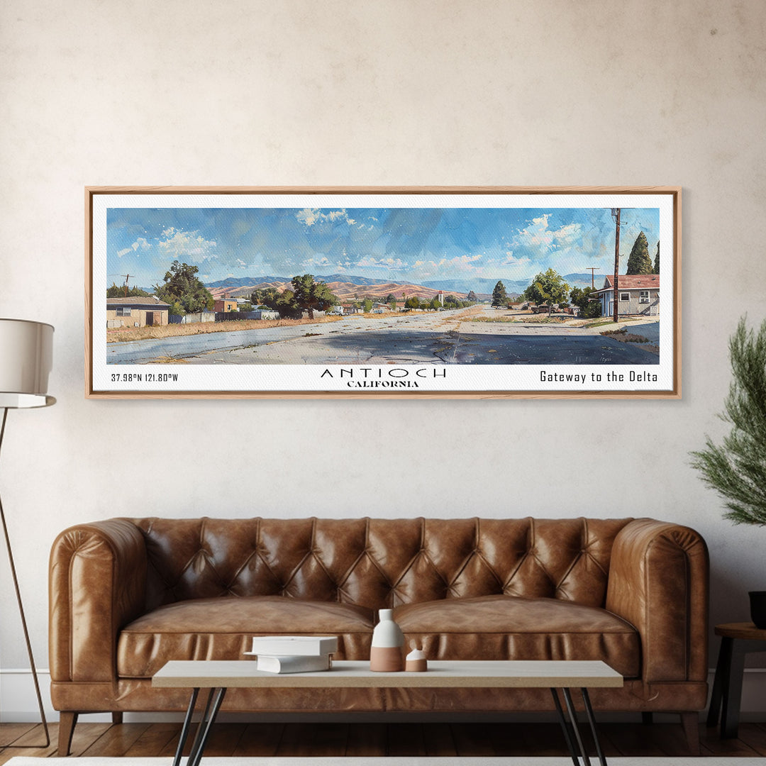 Antioch California Panoramic Painting, Watercolor Framed Canvas Print, Scenic City Art, Travel Poster, Home Decor, Wall Art, Office Wall Art