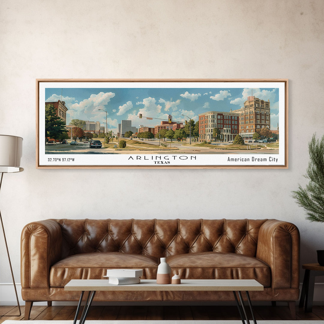 Arlington Texas Panoramic Painting, Watercolor Framed Canvas Print, Scenic City Art, Travel Poster, Wall Decor, Living Room Art, Gift Idea