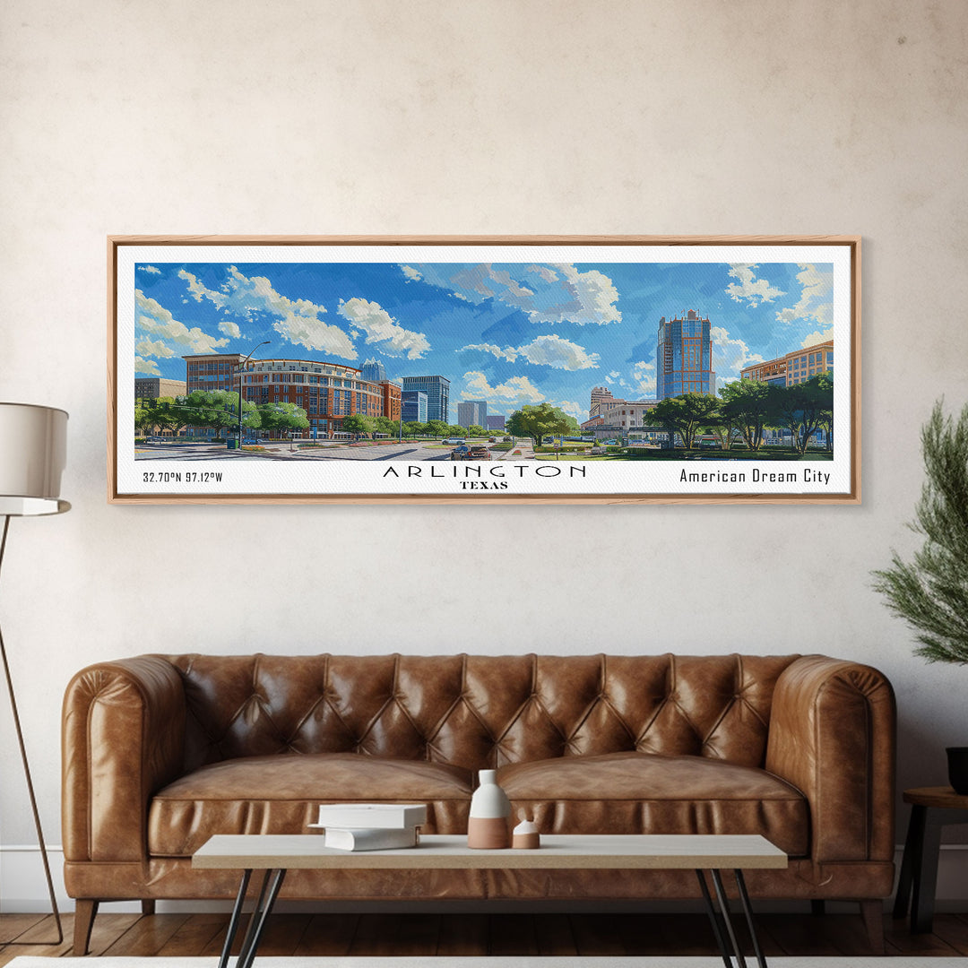 Arlington Texas Panoramic Watercolor Painting, Framed Canvas Print, Scenic City Art, Travel Poster, Home Decor, Wall Hanging, Office Wall Art