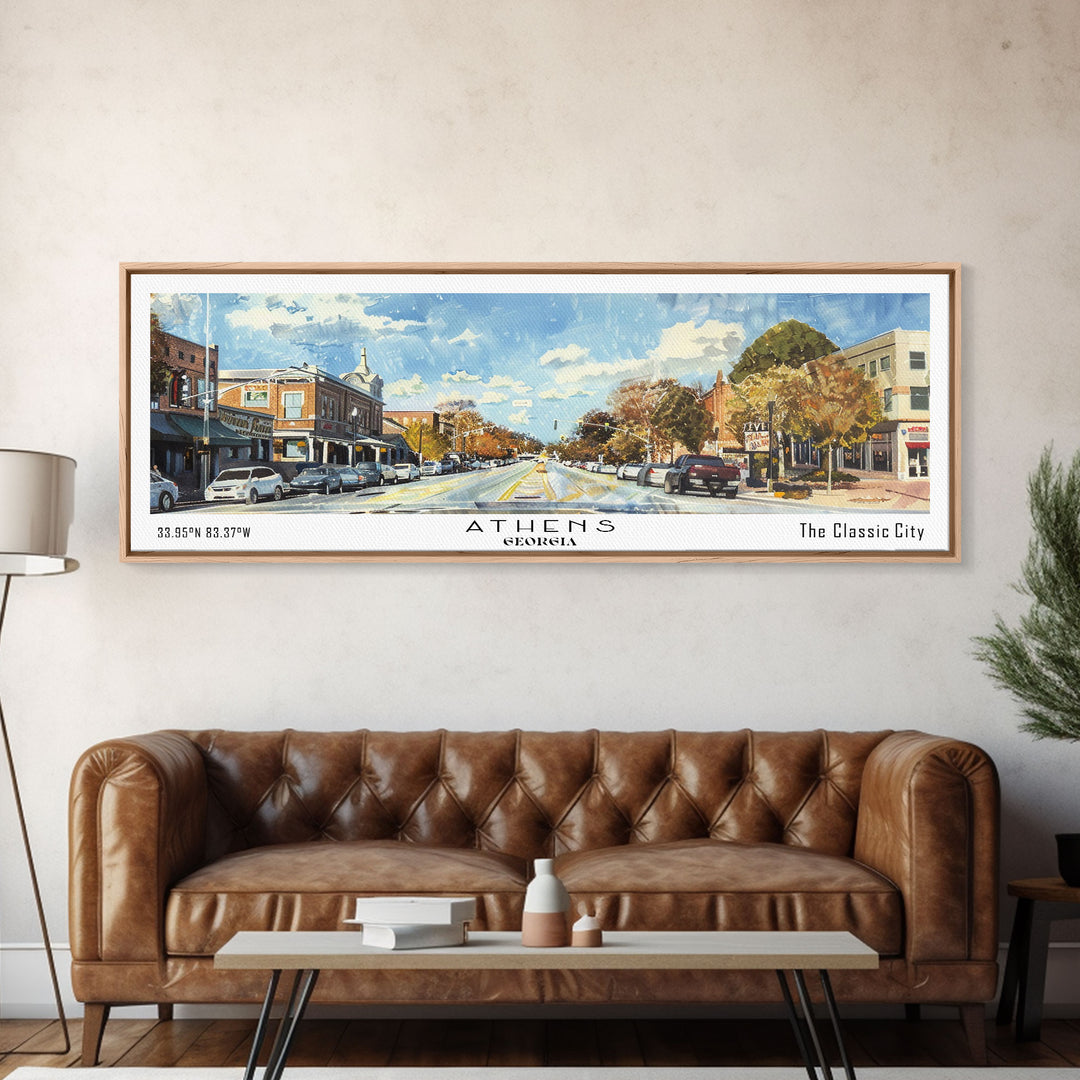 Athens Georgia Panoramic Painting, Watercolor Framed Canvas Print, Scenic City Art, Travel Poster, Home Decor, Wall Hanging, Gift Idea