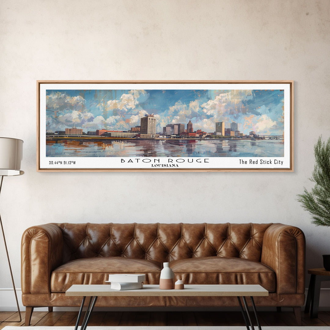 Baton Rouge Louisiana Panoramic Painting, Watercolor Framed Canvas Print, Scenic City Art, Travel Poster, Home Decor, Wall Art, Office Wall Art