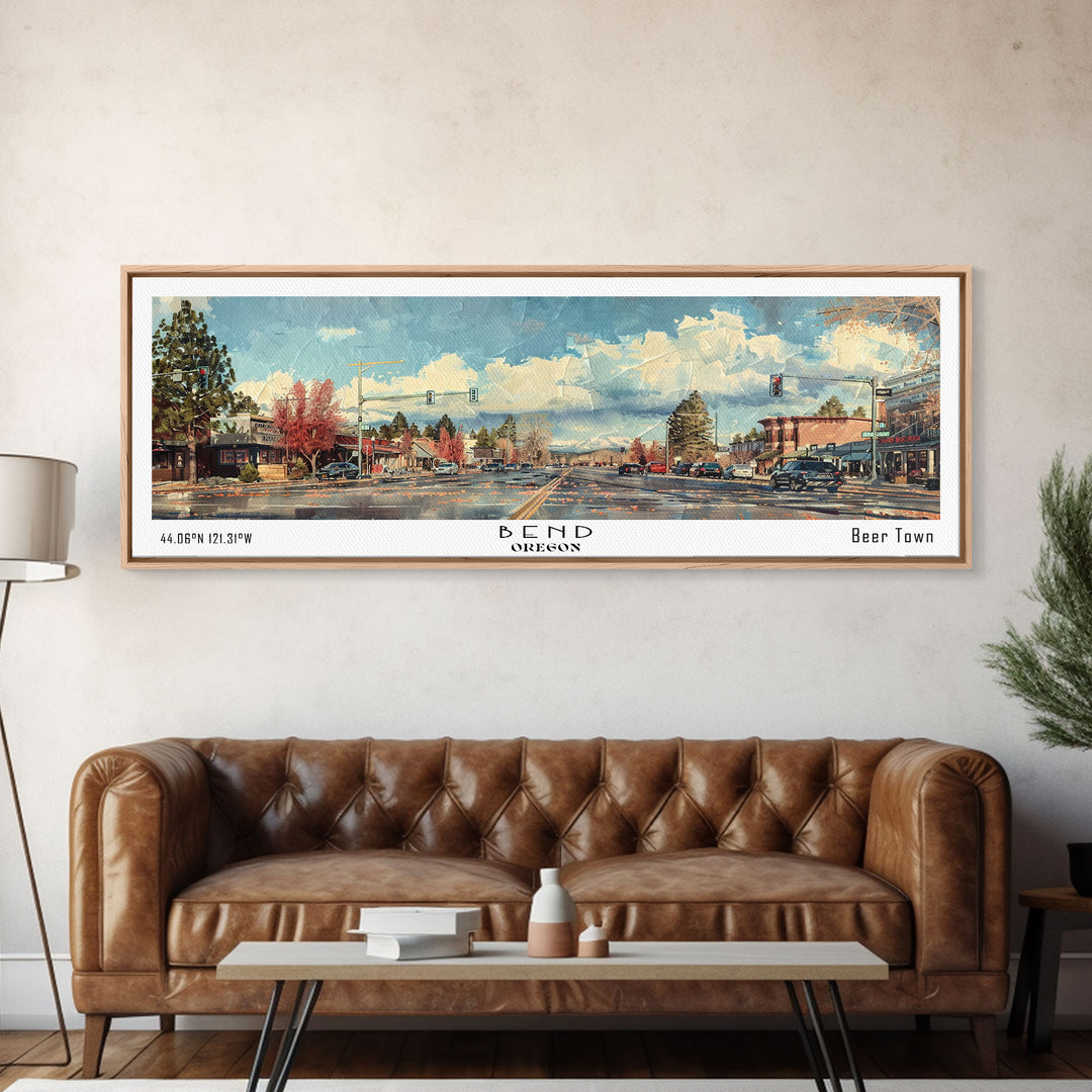 Bend Oregon Panoramic Painting, Watercolor Framed Canvas Print, Scenic City Art, Travel Poster, Home Decor, Wall Hanging, Living Room Art