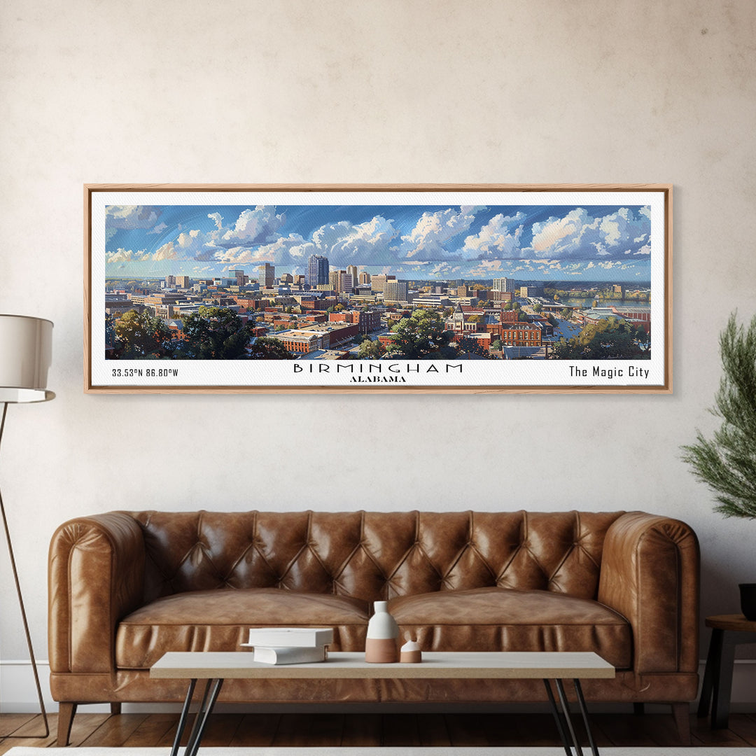 Birmingham Alabama Panoramic Watercolor Painting, Framed Canvas Print, Scenic City Art, Travel Poster, Home Decor, Wall Art, Office Wall Art
