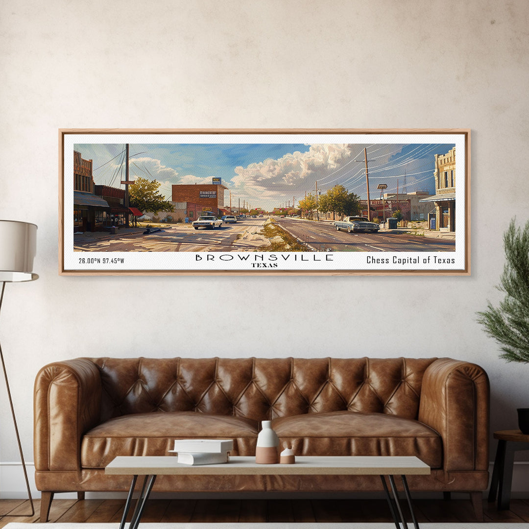 Brownsville Texas Panoramic Watercolor Painting, Framed Canvas Print, Scenic City Art, Travel Poster, Home Decor, Wall Art, Office Wall Art