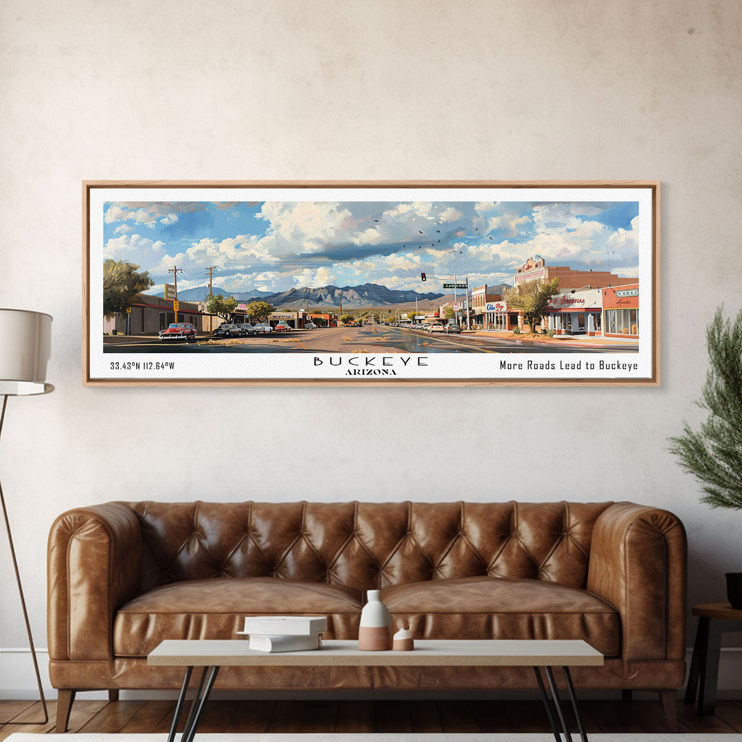 Buckeye Arizona Panoramic Watercolor Painting Framed Canvas Print, Travel Poster Art, Home Decor, Vibrant Arizona Cityscape, Office Decoration, Living Room Wall Art, Unique Gift