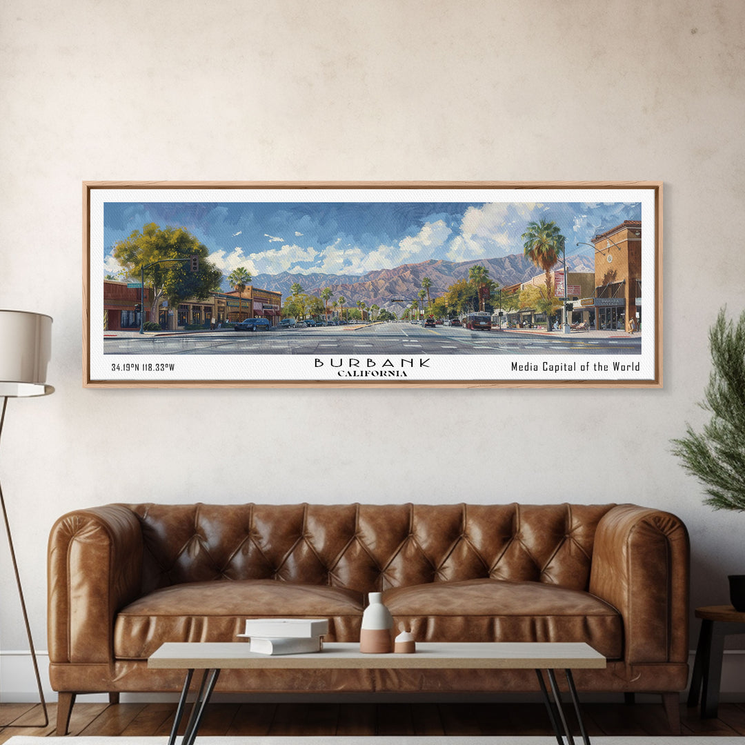 Burbank California Panoramic Watercolor Painting Framed Canvas Print, Travel Poster Art, Home Decor, Charming Cityscape, Bedroom Wall Art, Office Decoration, Gift for Travelers