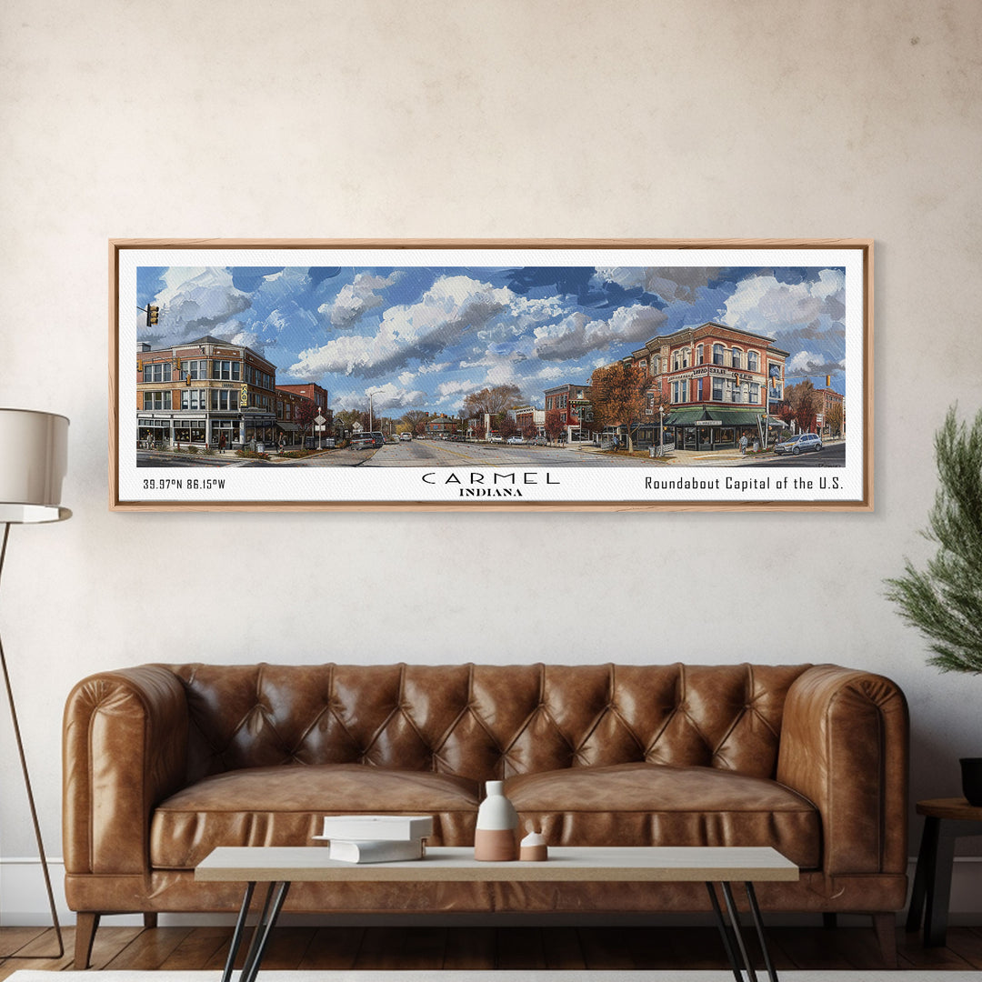 Carmel Indiana Panoramic Watercolor Painting Framed Canvas Print, Travel Poster Art, Home Decor, Picturesque Indiana Cityscape, Living Room Wall Art, Office Decoration, Gift for Art Lovers