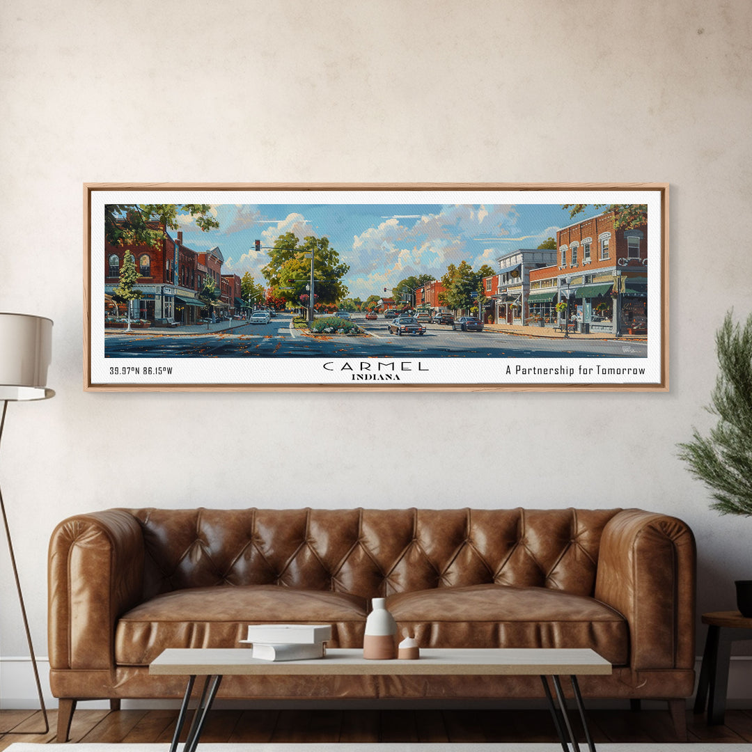 Carmel Indiana Panoramic Watercolor Painting Framed Canvas Print, Travel Poster Art, Charming Cityscape, Home Decor, Bedroom Wall Art, Office Decoration, Unique Travel Gift