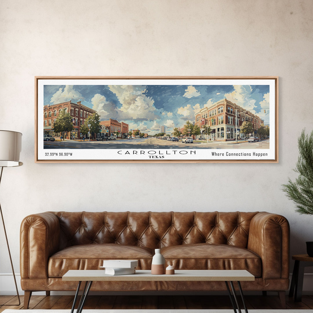 Carrolton Texas Panoramic Watercolor Painting Framed Canvas Print, Travel Poster Art, Home Decor, Vibrant Texas Cityscape, Living Room Wall Art, Office Decoration, Gift for Texans