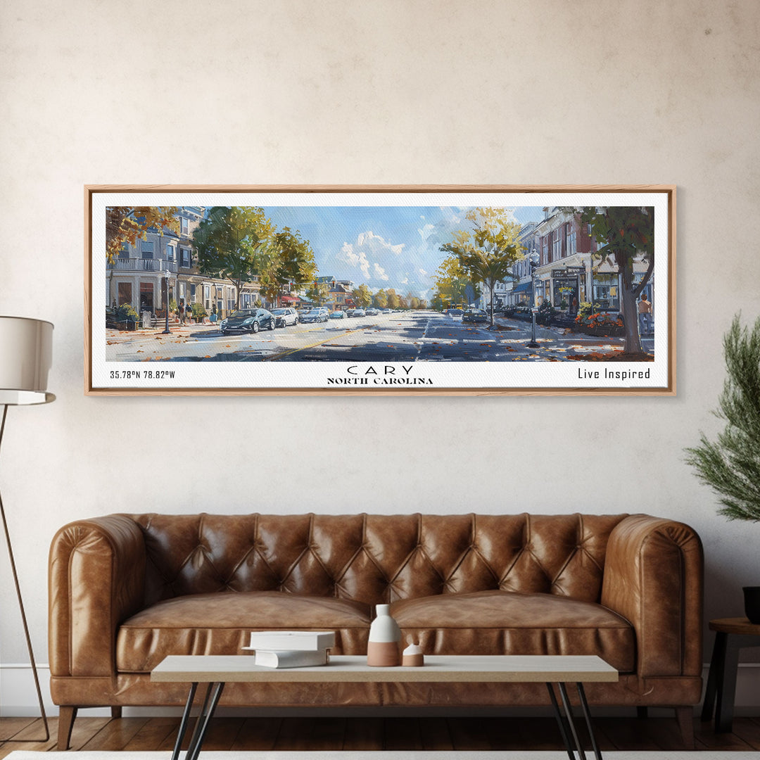 Cary North Carolina Panoramic Watercolor Painting Framed Canvas Print, Travel Poster Art, Home Decor, Picturesque North Carolina Landscape, Living Room Wall Art, Office Decoration, North Carolina Gift