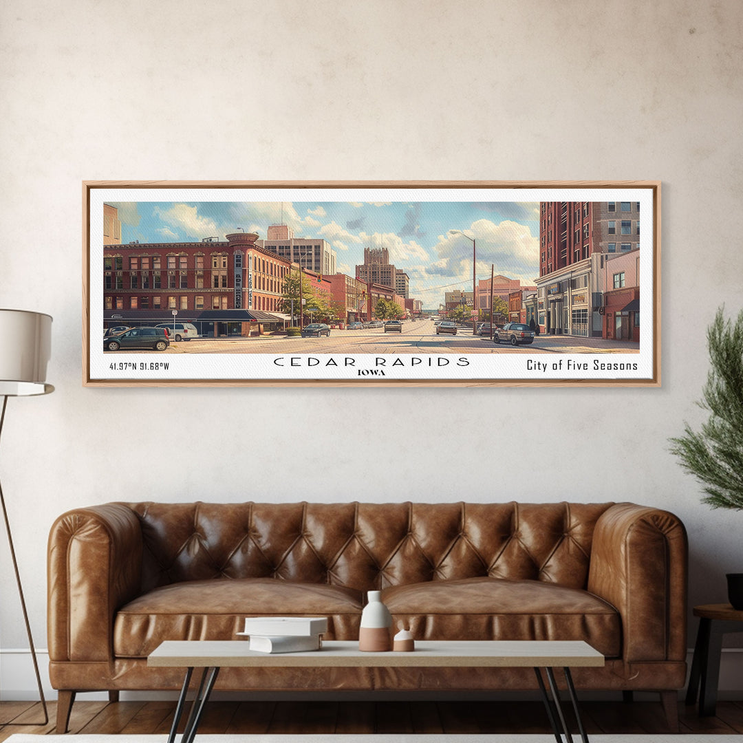 Cedar Rapids Iowa Panoramic Watercolor Painting Framed Canvas Print, Travel Poster Art, Home Decor, Iowa Cityscape, Living Room Decoration, Office Wall Art, Gift for Iowans