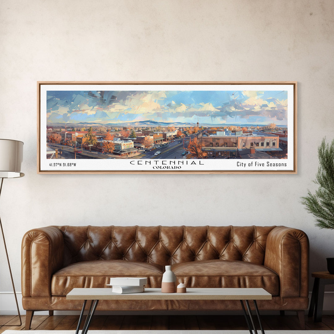 Centennial Colorado Panoramic Watercolor Painting Framed Canvas Print, Travel Poster Art, Home Decor, Mountain Cityscape, Bedroom Wall Art, Office Decoration, Unique Travel Gift