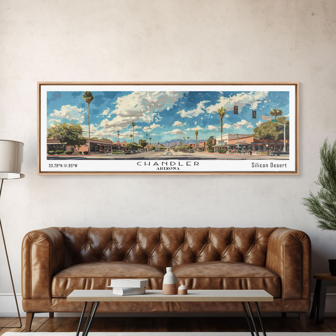 Chandler Arizona Panoramic Watercolor Painting Framed Canvas Print, Travel Poster Art, Home Decor, Desert Cityscape, Bedroom Wall Art, Office Decoration, Unique Travel Gift