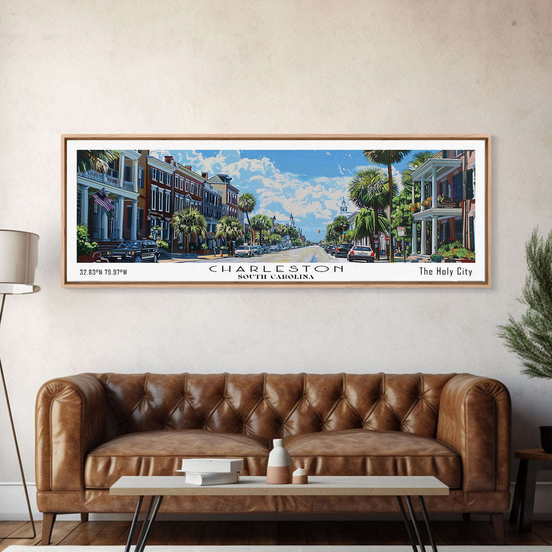 Charleston South Carolina Panoramic Watercolor Painting Framed Canvas Print, Travel Poster Art, Coastal Cityscape, Living Room Decor, Wall Hanging, Office Art, Southern Charm Gift