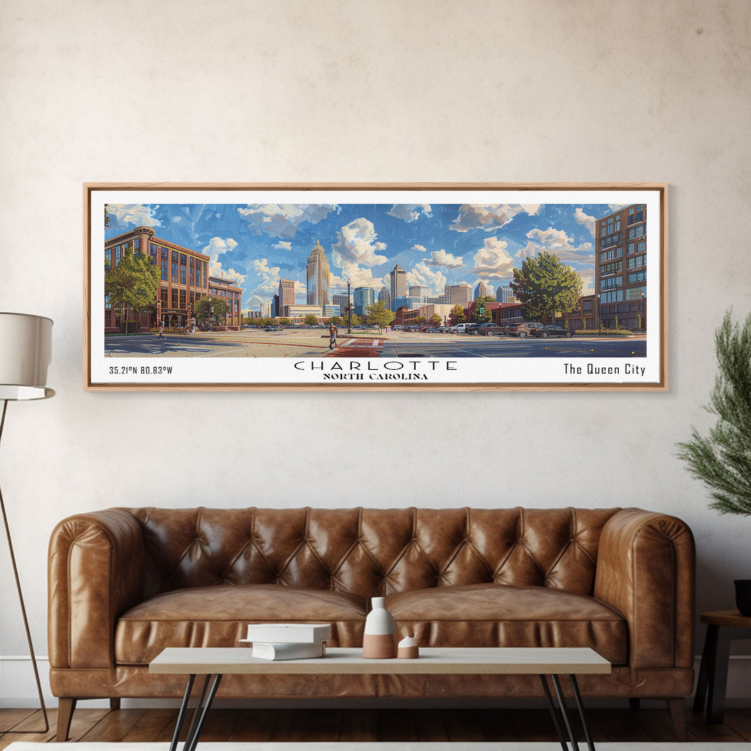 Charlotte North Carolina Panoramic Watercolor Painting Framed Canvas Print, Travel Poster Art, Urban Cityscape, Living Room Decor, Wall Art, Office Decoration, North Carolina Gift