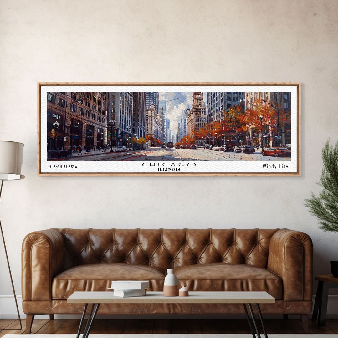Chicago Illinois Panoramic Watercolor Painting Framed Canvas Print, Travel Poster Art, Urban Cityscape, Home Decor, Living Room Wall Art, Office Decoration, Gift for Chicago Lovers