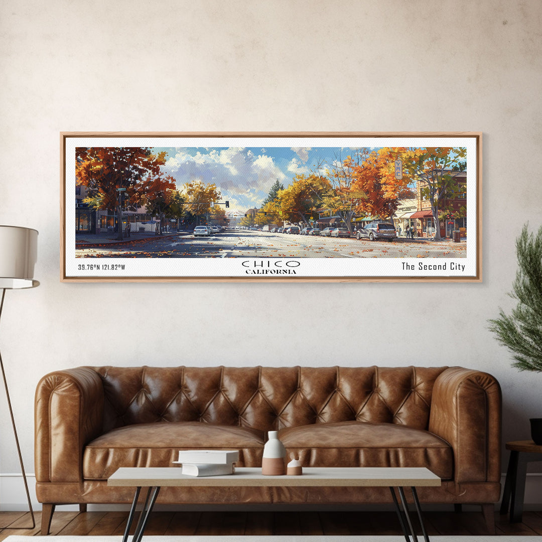 Chico California Panoramic Watercolor Painting Framed Canvas Print, Travel Poster Art, Picturesque Landscape, Home Decor, Living Room Wall Art, Office Decoration, Unique Travel Gift