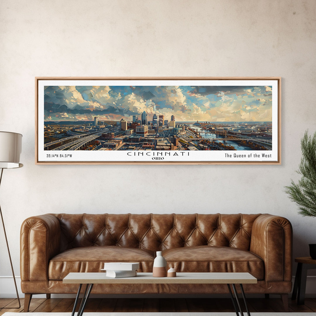 Cincinnati Ohio Panoramic Watercolor Painting Framed Canvas Print, Travel Poster Art, Urban Landscape, Bedroom Wall Art, Living Room Decoration, Office Wall Art, Ohio-Themed Gift
