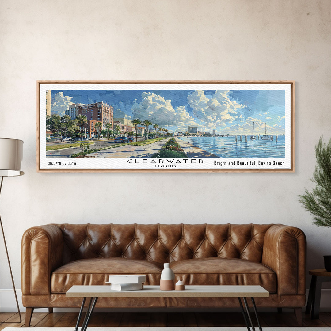 Clearwater Florida Panoramic Watercolor Painting Framed Canvas Print, Travel Poster Art, Coastal View, Home Decor, Wall Hanging, Office Art, Gift for Beach Lovers