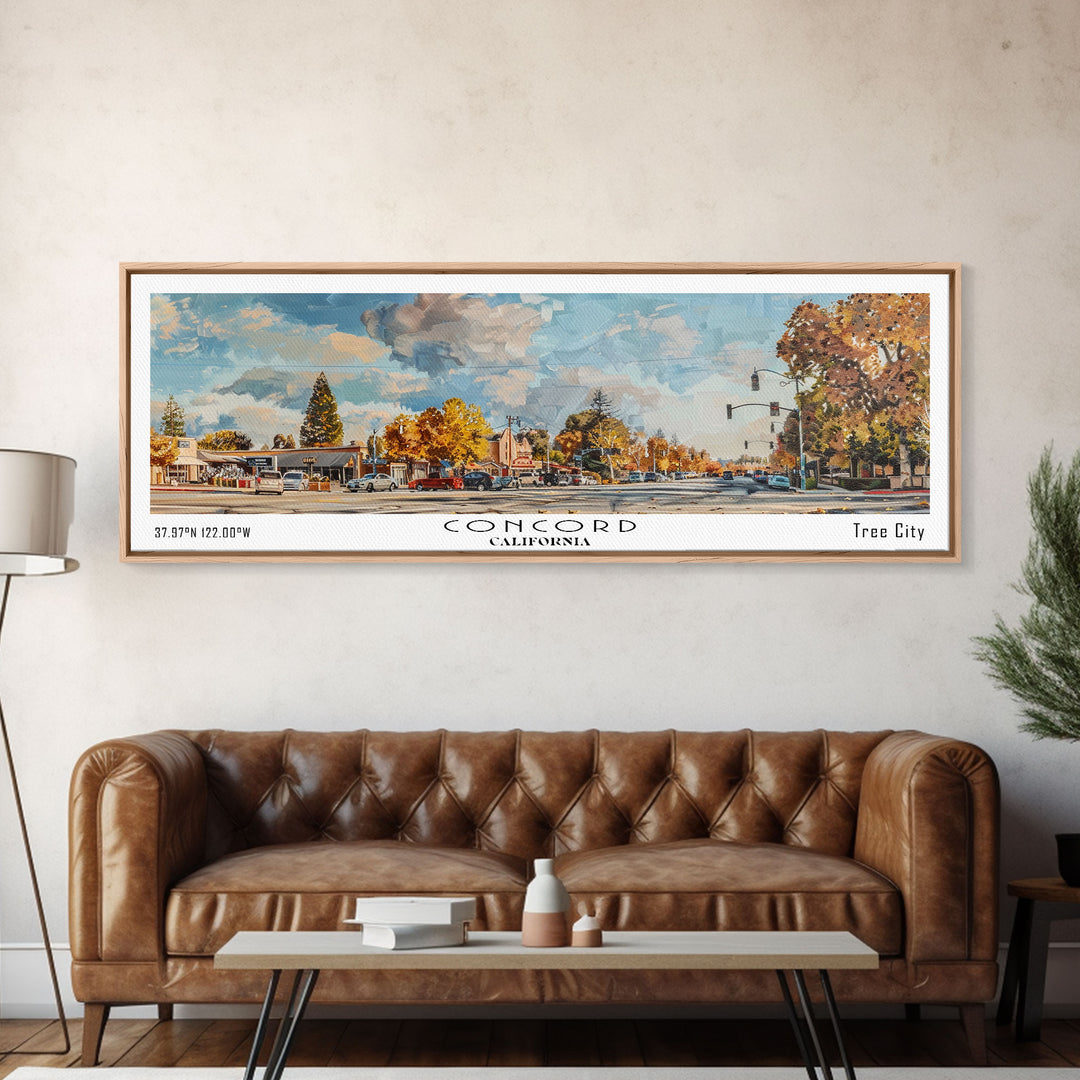 Concord California Panoramic Watercolor Painting Framed Canvas Print, Travel Poster Art, Urban Landscape, Bedroom Wall Art, Living Room Decoration, Office Wall Art, California-Themed Gift